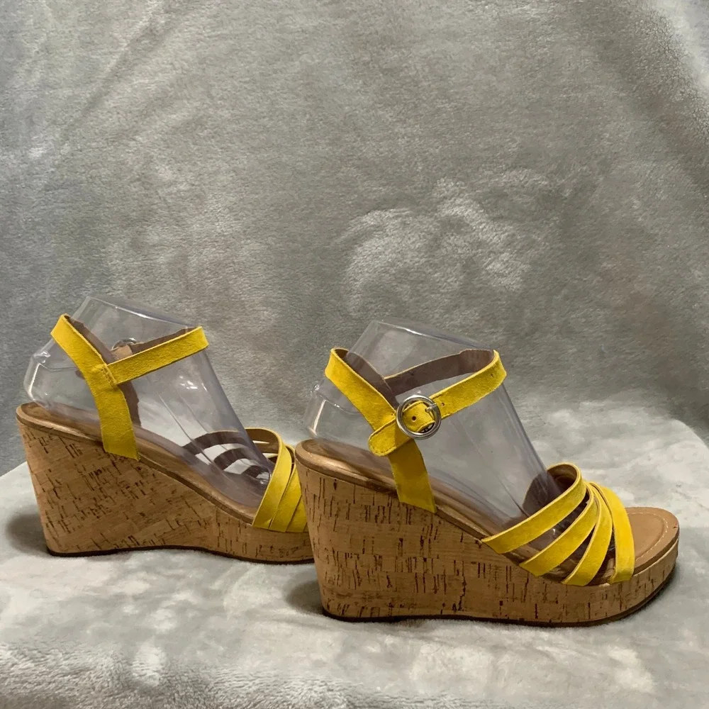 Franco Sarto‎ Crisania Yellow Suede Cork Wedge Sandals Womens 9 Platform Strappy